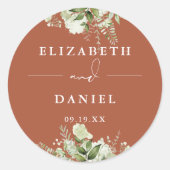 Bloemen groen terracotta bruiloft gunst ronde sticker (Voorkant)