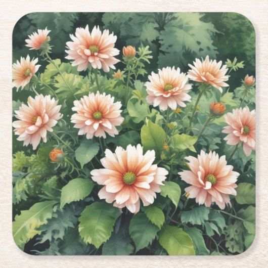 Bloemen Groene Elegante Waterverf Kartonnen Onderzetters (Voorkant)