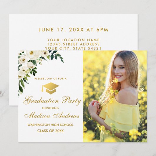 Bloemen Groene Foto Gouden Afstudeerfeest Uitnodig Kaart (Voorkant / Achterkant)