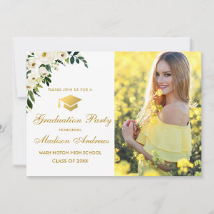 Bloemen Groene Foto Gouden Afstudeerfeest Uitnodig Kaart