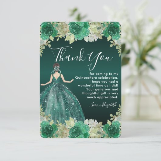 Bloemen Groene Jurk Verjaardag Quinceanera Bedankkaart (Staand voorkant)