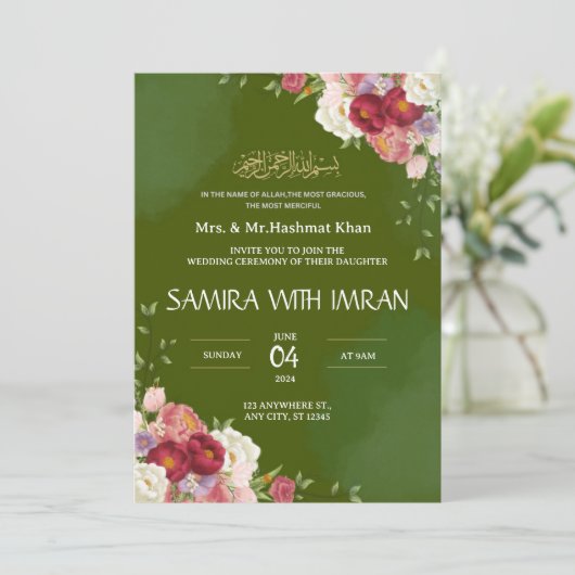 Bloemen Groene Moslim Bruiloft Uitnodiging (Staand voorkant)
