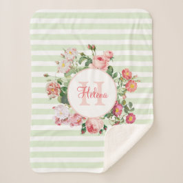  bloemen — Groene strips — Monogram Sherpa Deken