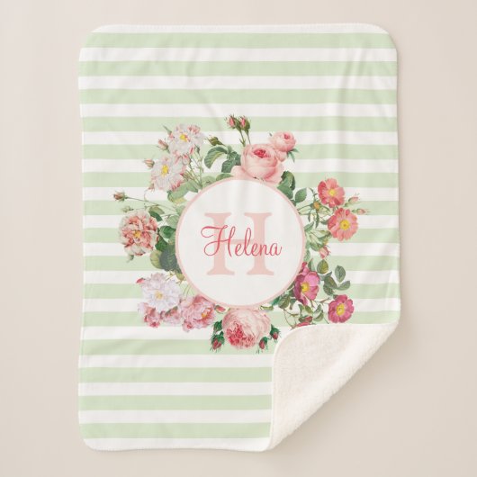  bloemen — Groene strips — Monogram Sherpa Deken (Voorkant)