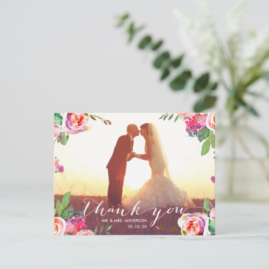 Bloemen Handschrift 2 foto bruiloft Dank u Briefkaart (Staand voorkant)