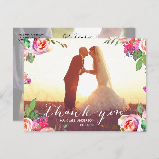 Bloemen Handschrift 2 foto bruiloft Dank u Briefkaart (Voorkant / Achterkant)
