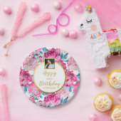  bloemen, Happy Birthday, aangepaste fototekst Papieren Bordje (Feest)