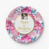  bloemen, Happy Birthday, aangepaste fototekst Papieren Bordje (Voorkant)