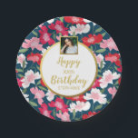 bloemen, Happy Birthday, aangepaste fototekst Papieren Bordje<br><div class="desc">Maak uw evenement speciaal met deze superschattige papierproducten met vier regels aangepaste tekst en een foto tegen een  florale achtergrond. Perfect voor een verjaardag,  een jubileum,  een afstuderen,  een feest met pensioen,  een bruid of een baby shower,  of echt elke gebeurtenis.</div>