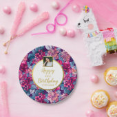  bloemen, Happy Birthday, aangepaste fototekst Papieren Bordje (Feest)