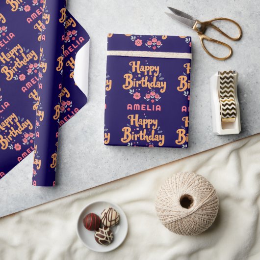 Bloemen Happy Birthday Handlettering Cadeaupapier (Crafts)
