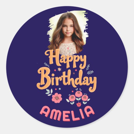 Bloemen Happy Birthday Handlettering Foto Ronde Sticker (Voorkant)