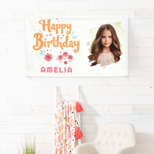 Bloemen Happy Birthday Handlettering Foto Spandoek (Insitu)