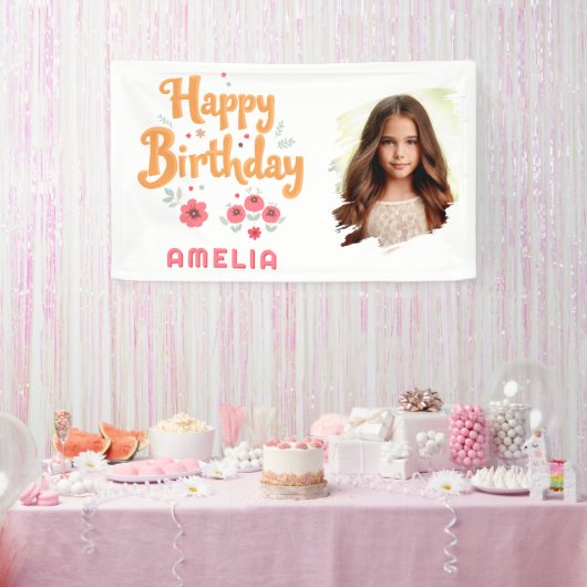 Bloemen Happy Birthday Handlettering Foto Spandoek (Feest)