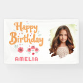 Bloemen Happy Birthday Handlettering Foto Spandoek (Horizontaal)