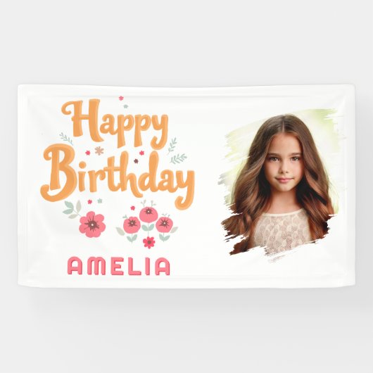 Bloemen Happy Birthday Handlettering Foto Spandoek (Horizontaal)