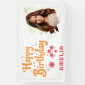 Bloemen Happy Birthday Handlettering Foto Spandoek (Verticaal)