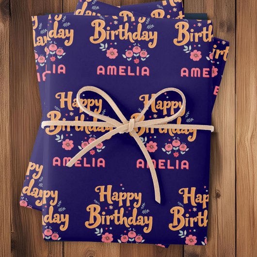 Bloemen Happy Birthday Handlettering Inpakpapier Vel