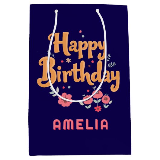 Bloemen Happy Birthday Handlettering Medium Cadeauzakje (Voorkant)