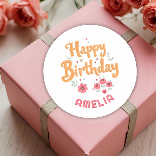 Bloemen Happy Birthday Handlettering Ronde Sticker