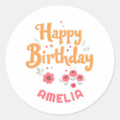 Bloemen Happy Birthday Handlettering Ronde Sticker (Voorkant)