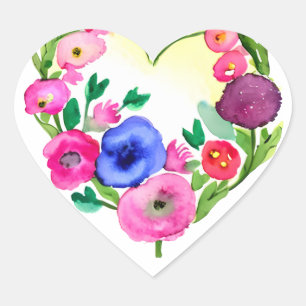 Bloemen Hart Krans Pastel Waterverf Paarse Blauw Hart Sticker