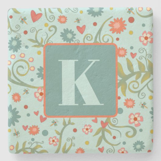 Bloemen Hart Patroon  Custom Initiaal Stenen Onderzetter (Voorkant)