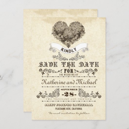 Bloemen  Hart Uniek Bewaar de datumkaarten Save The Date (Voorkant / Achterkant)