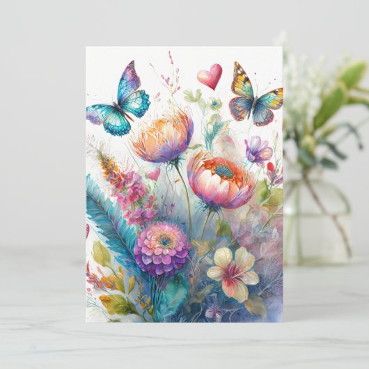 Bloemen, harten en vlinders feestdagenkaart (Staand voorkant)