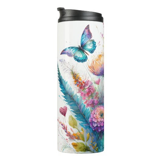 Bloemen, harten en vlinders gepersonaliseerd thermosbeker (Geroteerd rechts)