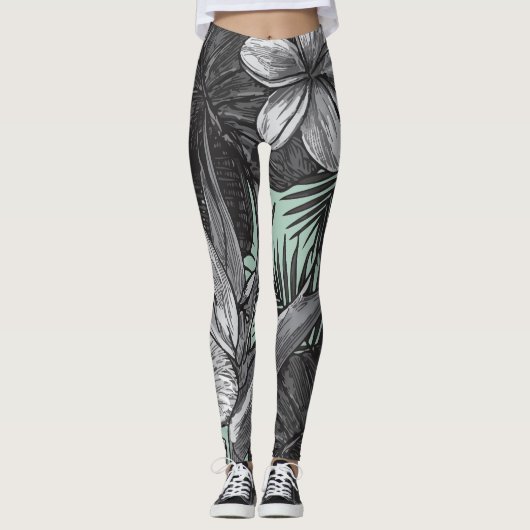Bloemen Hawaïaans patroon met lichtgroen Leggings (Voorkant)