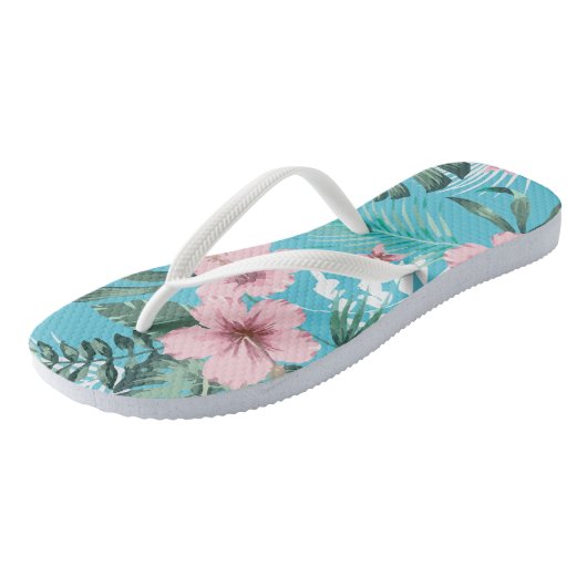 Bloemen Hawaïaans Tropisch Patroon Lichtblauw Teenslippers (Schuin)