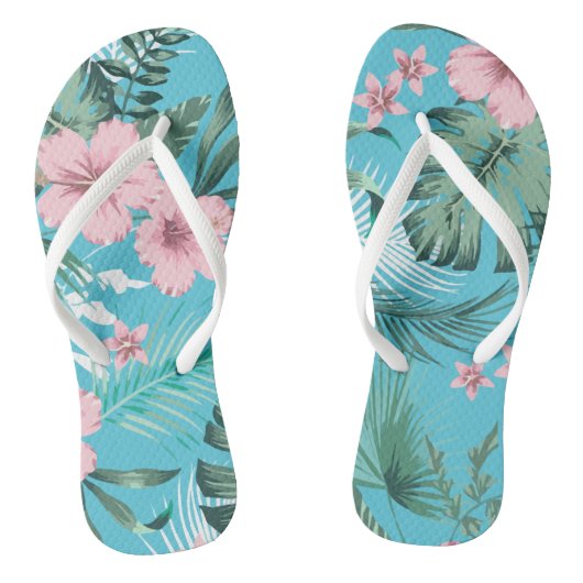 Bloemen Hawaïaans Tropisch Patroon Lichtblauw Teenslippers (Voetbed)