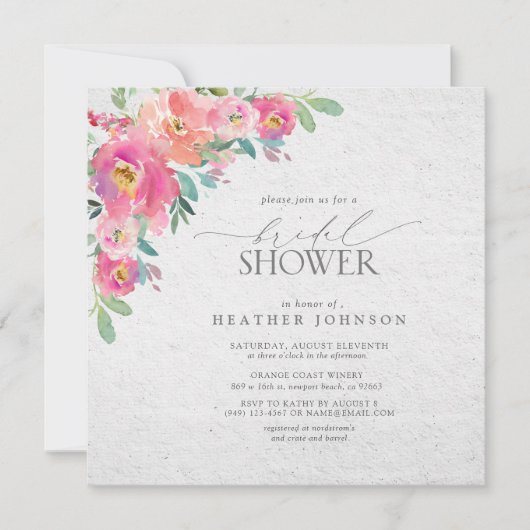 Bloemen Heet Roze Elegant Waterverf Vrijgezellenfe Kaart (Voorkant)