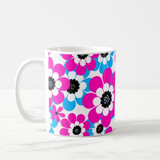 Bloemen helder neonpatroon helder karmozijnrood en koffiemok (Links)