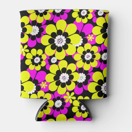 Bloemen heldere neonpatroon karmozijn en gele stro blikjeskoeler (Voorkant)
