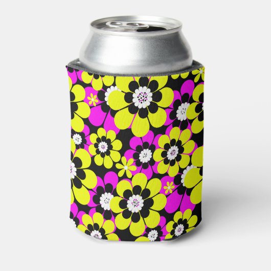 Bloemen heldere neonpatroon karmozijn en gele stro blikjeskoeler (Blikje Achterkant)