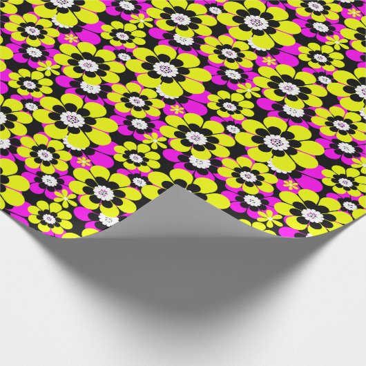 Bloemen heldere neonpatroon karmozijn en gele stro cadeaupapier (Hoek)