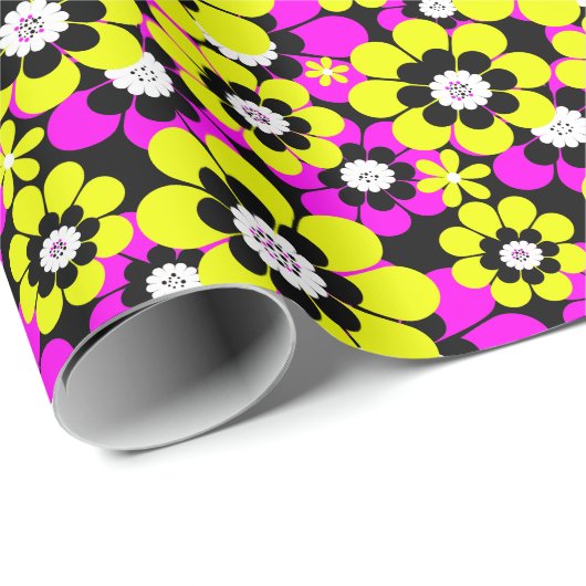 Bloemen heldere neonpatroon karmozijn en gele stro cadeaupapier (Rol Hoek)