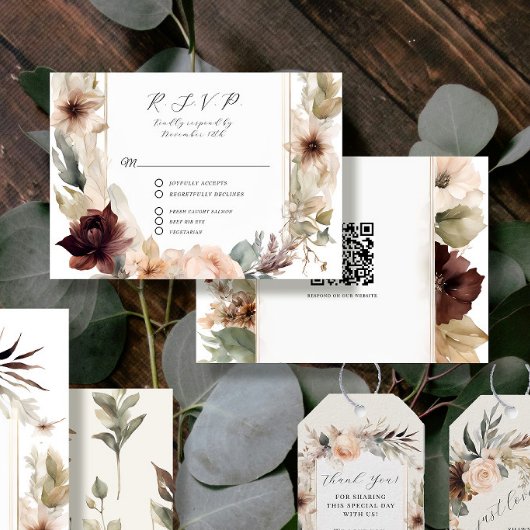 Bloemen Herfst Gedempt Roos Pioenenperzik QR code  RSVP Kaartje