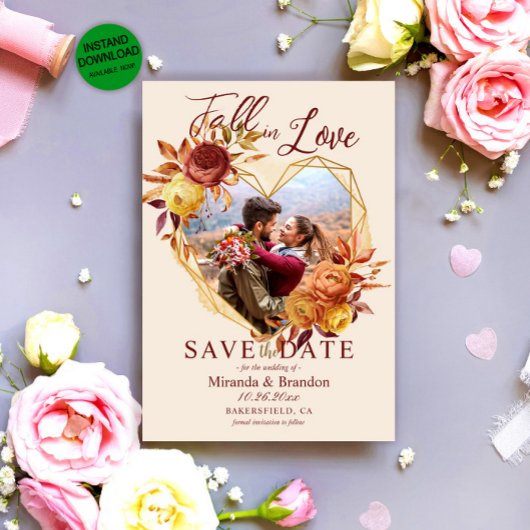 Bloemen Herfst in Liefde Trouwfoto Save the Date Kaart