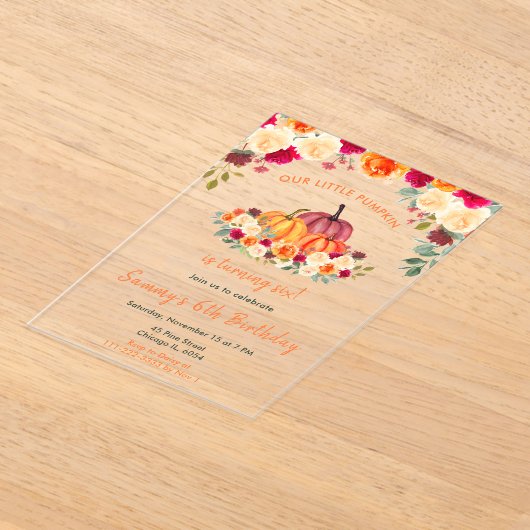 Bloemen Herfst Sinaasappel Pompoenen Verjaardagsfe Acryl Uitnodigingen (Laagn)