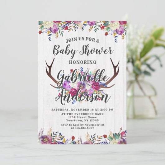 Bloemen Herten Antler Boeket Baby shower Uitnodigi Kaart (Staand voorkant)