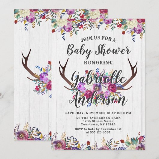 Bloemen Herten Antler Boeket Baby shower Uitnodigi Kaart (Voorkant / Achterkant)