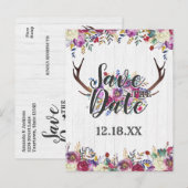 Bloemen Herten Antler Boeket Bourgogne Save the Da Aankondigingskaart (Voorkant / Achterkant)