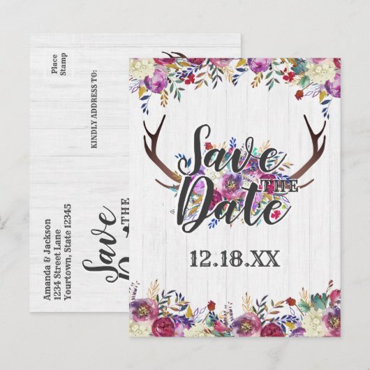 Bloemen Herten Antler Boeket Bourgogne Save the Da Aankondigingskaart (Voorkant / Achterkant)