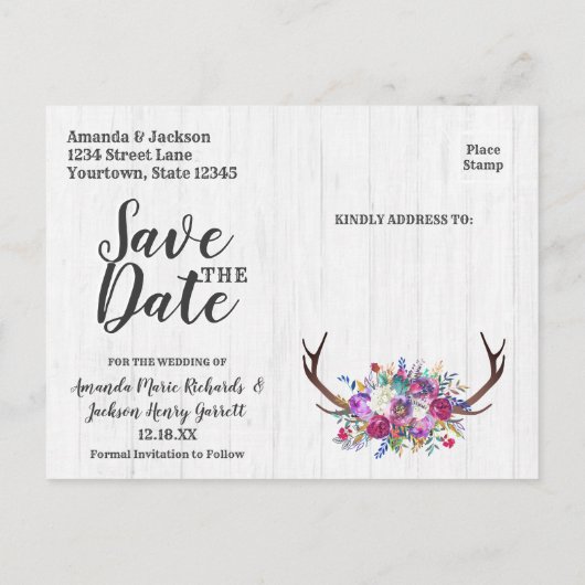 Bloemen Herten Antler Boeket Bourgogne Save the Da Aankondigingskaart (Achterkant)