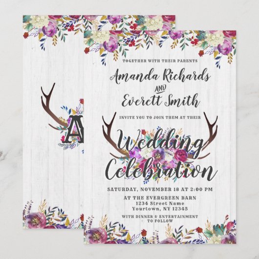 Bloemen Herten Antler Boeket bruiloft uitnodiging (Voorkant / Achterkant)