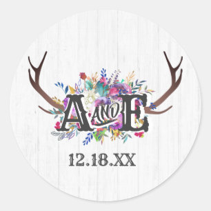 Bloemen Herten Antler Boeket Rustiek Monogram Brui Ronde Sticker