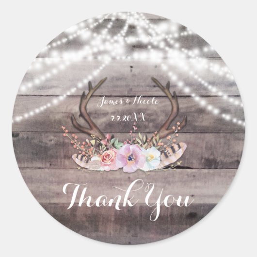 Bloemen Herten Antlers & String Lights Bruiloft Fa Ronde Sticker (Voorkant)